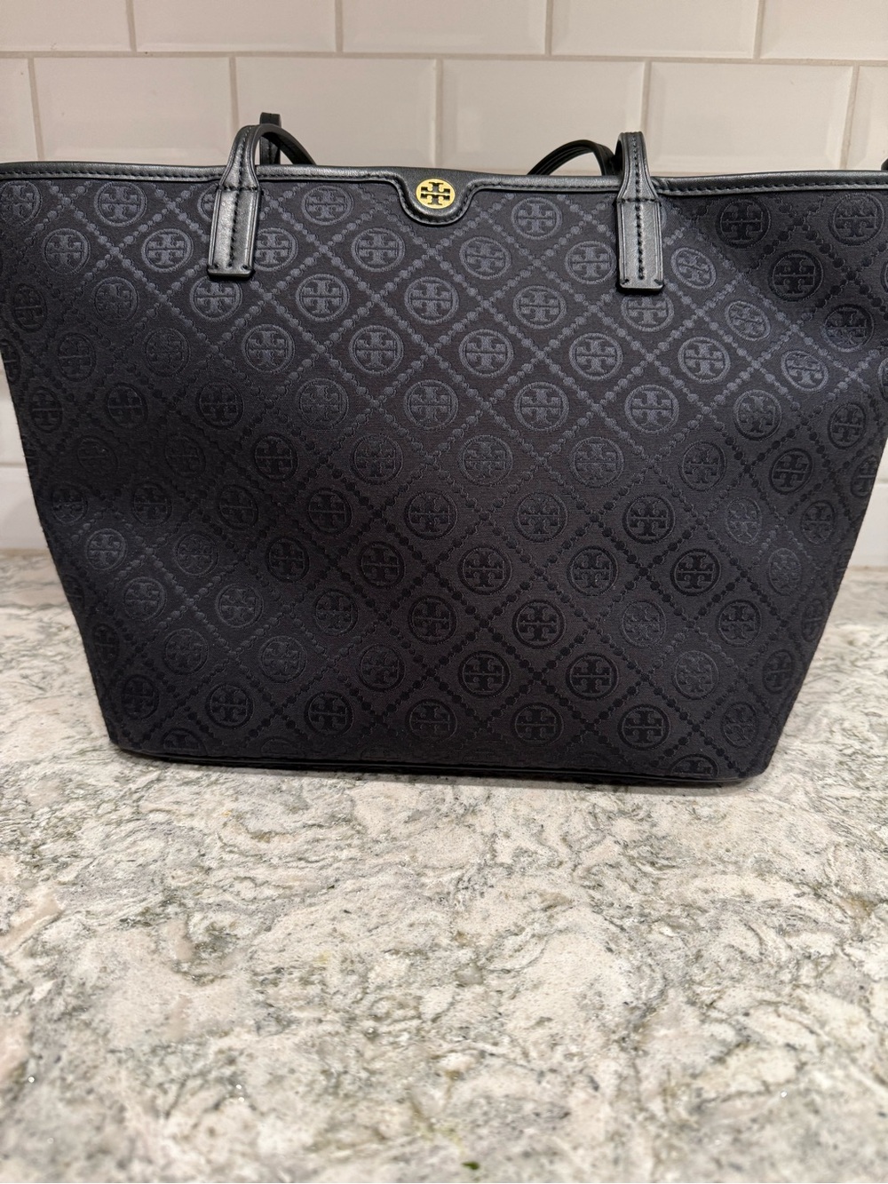 Tory Burch Black Jacquard Logo Tote with Gold Accent
